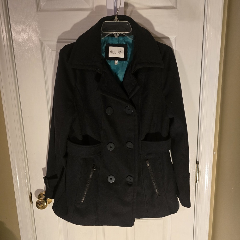 dELiA*s Womens Black Wool Blend Double Breasted Pea Coat Teal Lining XL